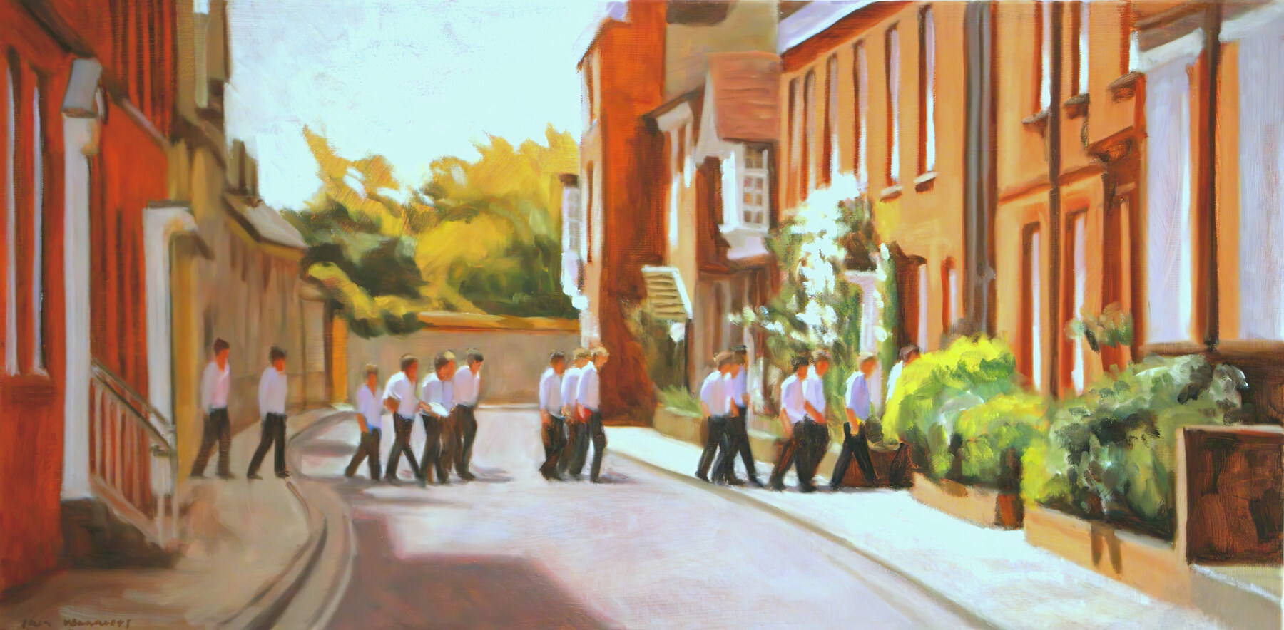 Winchester College boys walking back up to their boarding house — oil painting by Iain Vellacott
