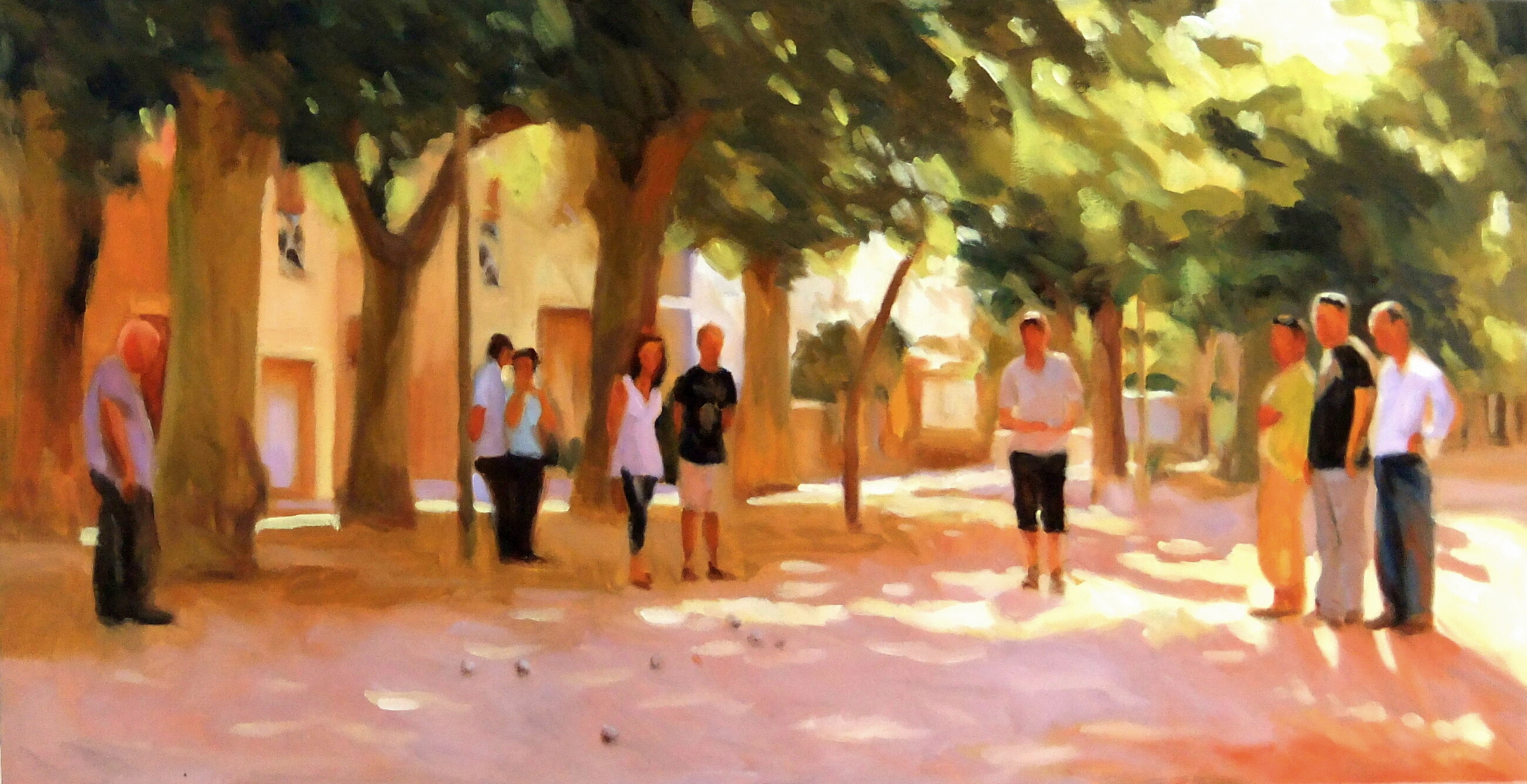 Oil painting of men playing pétanque — French boules — beneath plane trees, by Iain Vellacott