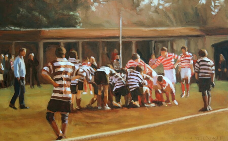Winchester College Football match, Commoners v OTH — oil painting by Iain Vellacott