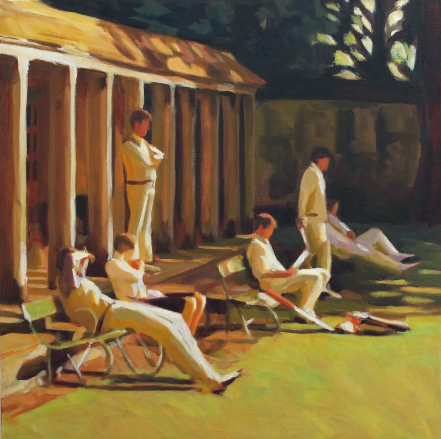 Winchester College cricketers resting by the pavilion — oil painting by Iain Vellacott