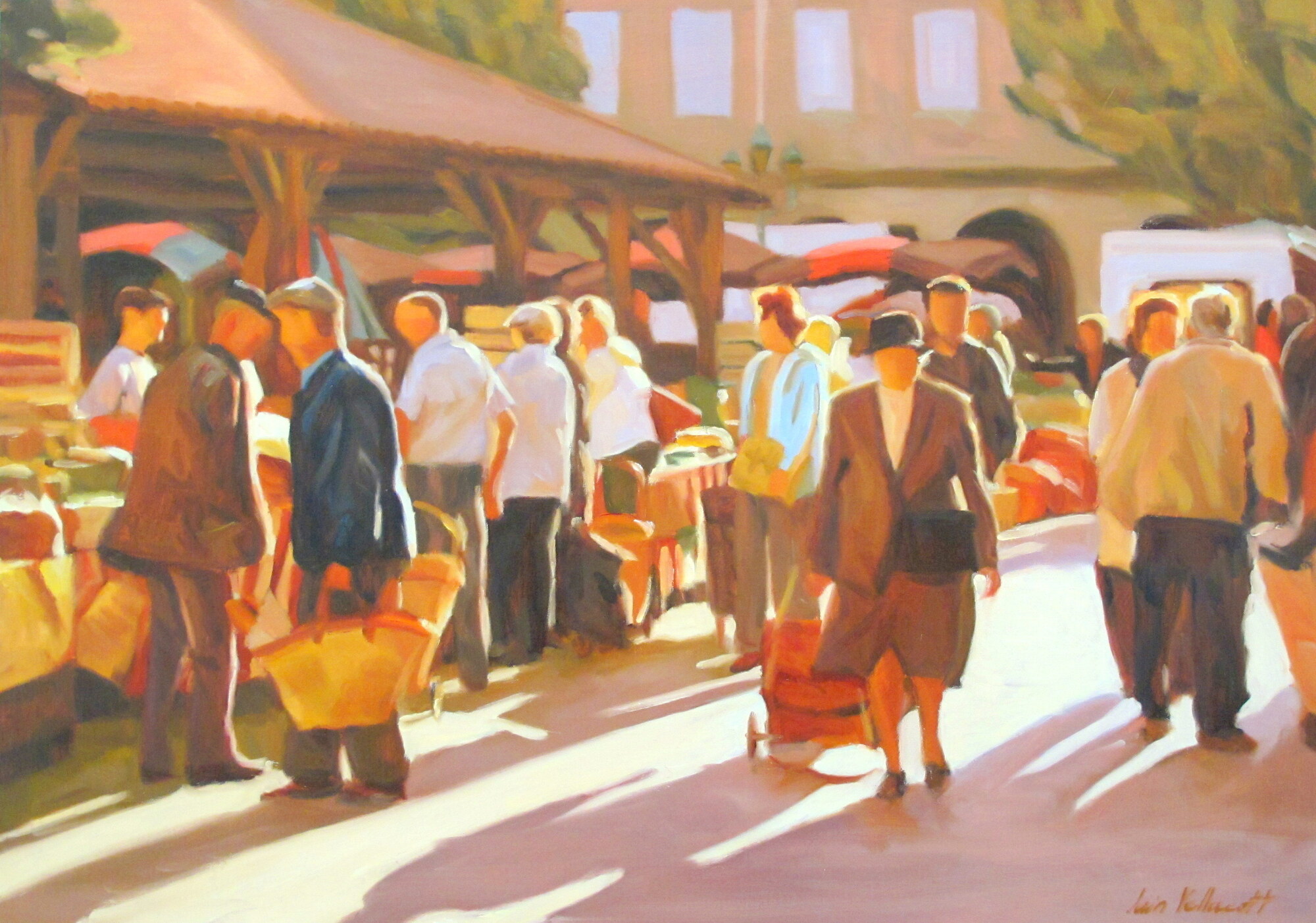 Oil painting of shoppers at a busy open-air French market, by Iain Vellacott