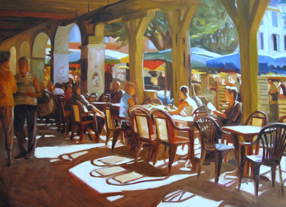 Oil painting of a sunlit French café terrace beneath a stone arcade, by Iain Vellacott
