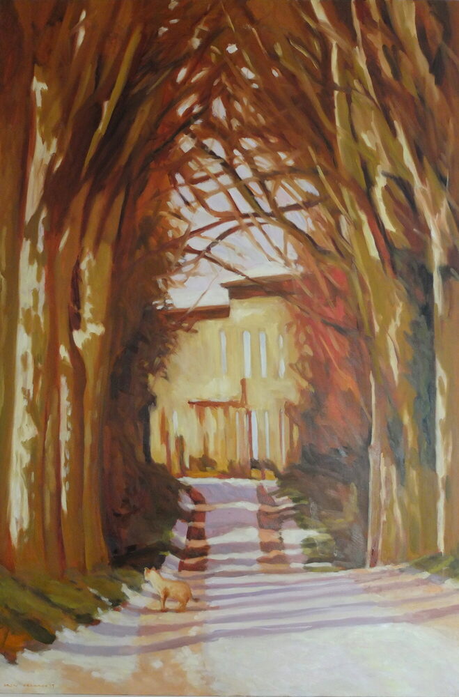 Oil painting of a plane-tree avenue in the South of France, by Iain Vellacott