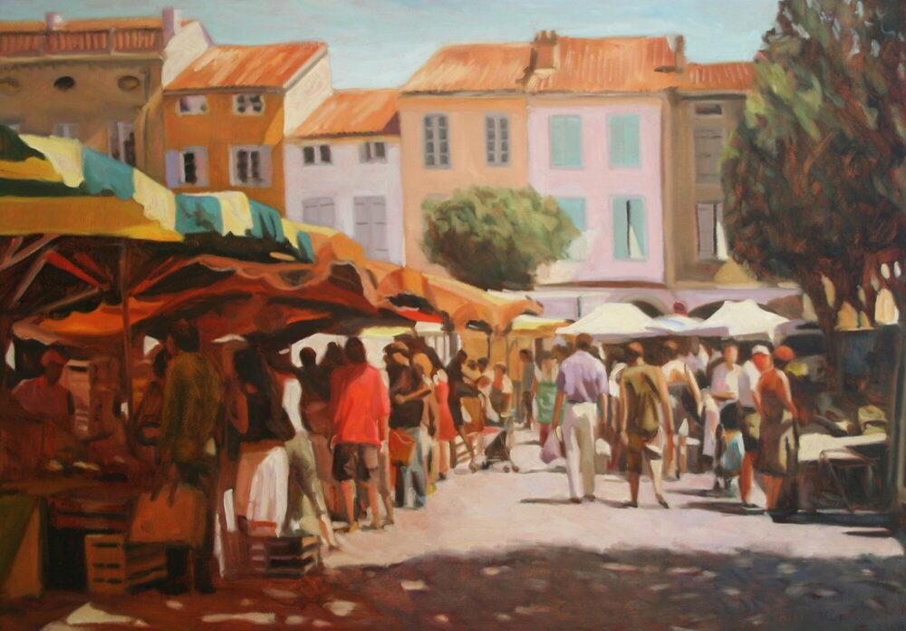 Oil painting of a French street market in a Provençal town square, by Iain Vellacott