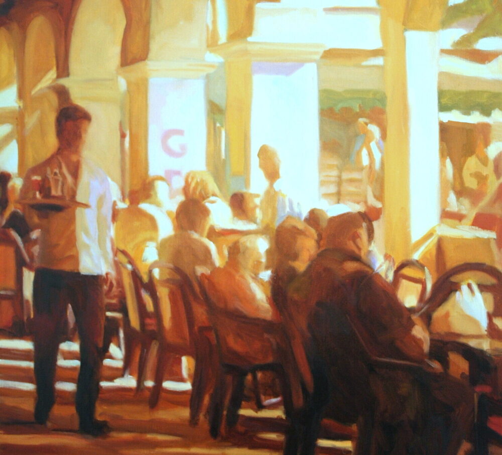 Oil painting of figures inside a French café bar, by Iain Vellacott