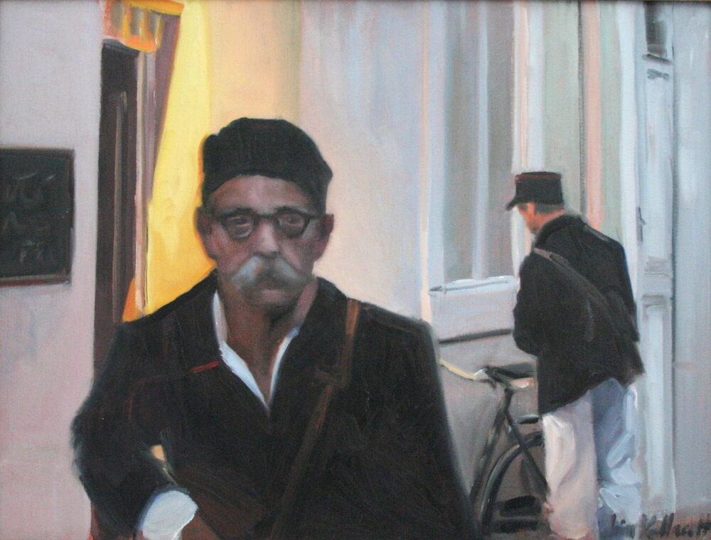 Oil painting portrait of a man smoking in a French street, by Iain Vellacott