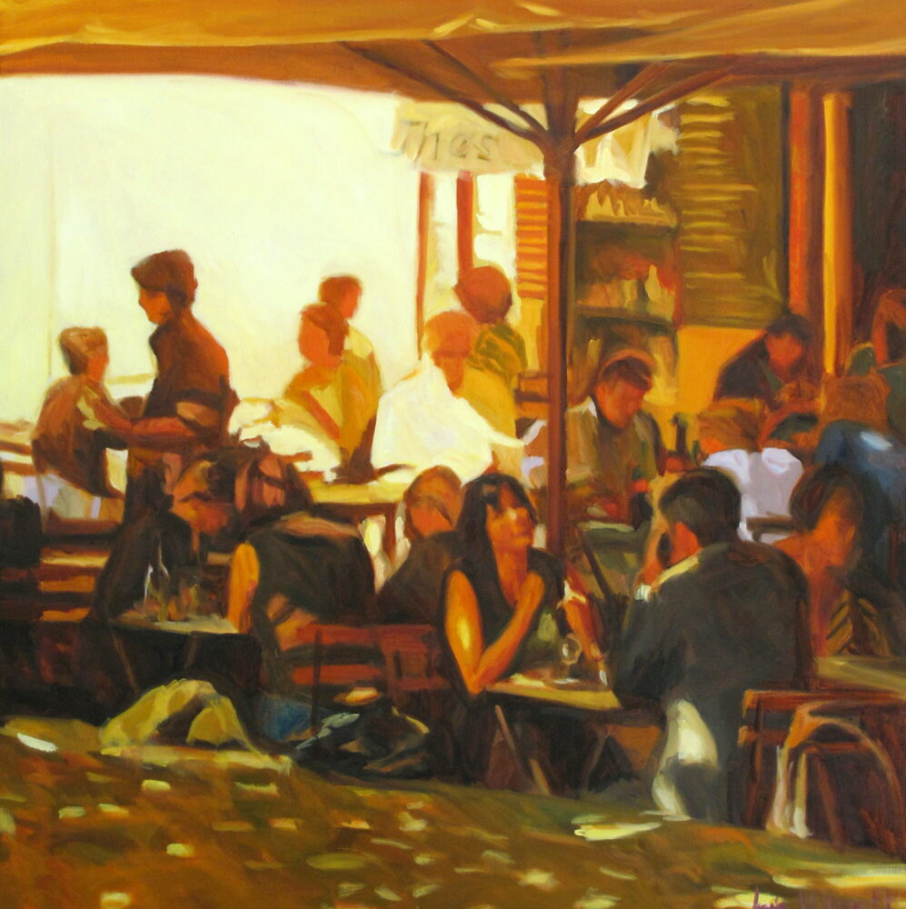 Oil painting of a crowded French café beneath a sunlit awning, by Iain Vellacott