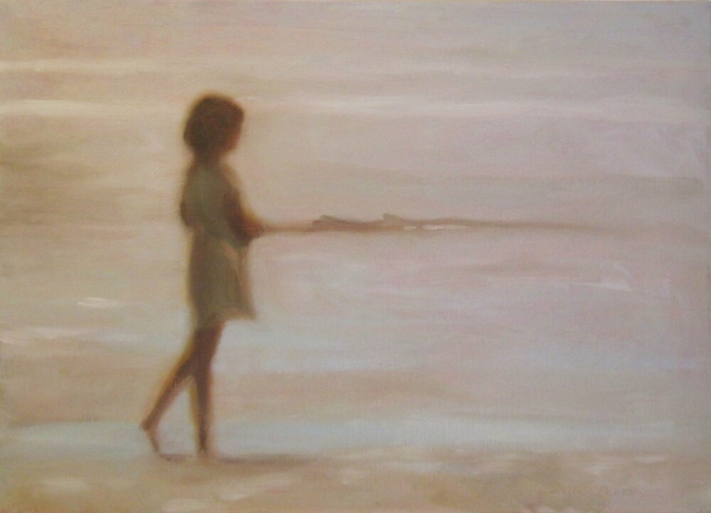Oil painting of a solitary figure on a misty beach, by Iain Vellacott