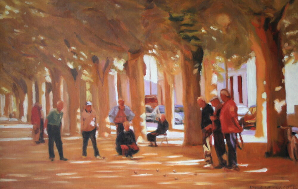 Oil painting of figures resting beneath a plane-tree avenue in France, by Iain Vellacott