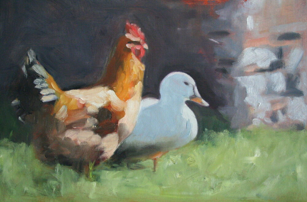 Oil painting of a cockerel and a duck, by Iain Vellacott