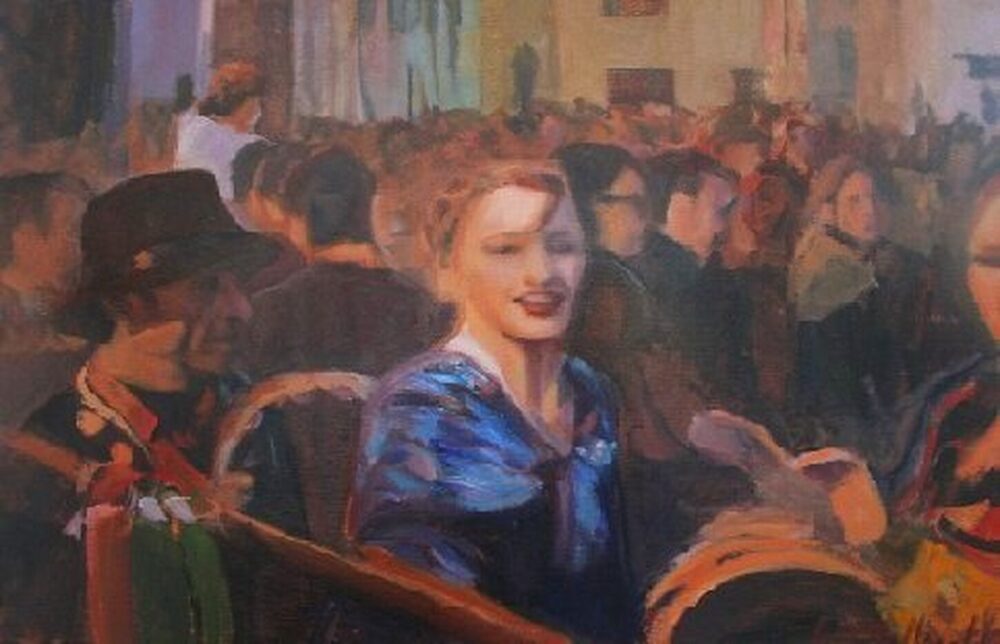 Oil painting portrait of a young woman in a French café, by Iain Vellacott