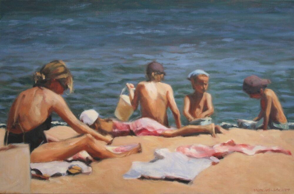 Oil painting of bathers on a beach beside the sea, by Iain Vellacott