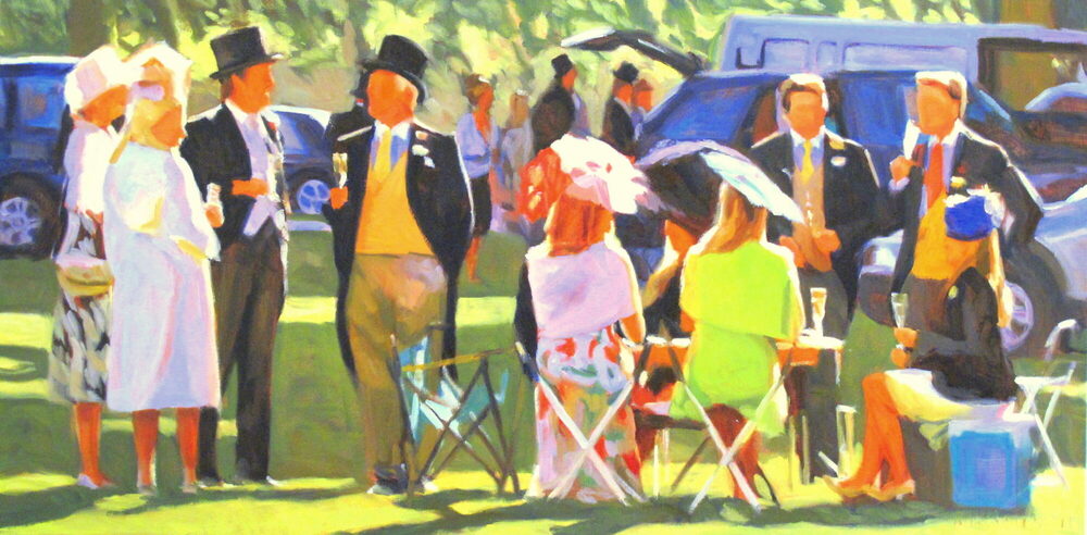 Oil painting of a summer garden party in hats and morning dress, by Iain Vellacott