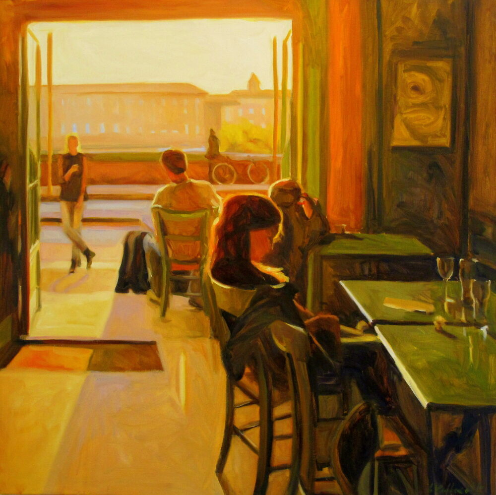 Oil painting of a warm French café interior in evening light, by Iain Vellacott