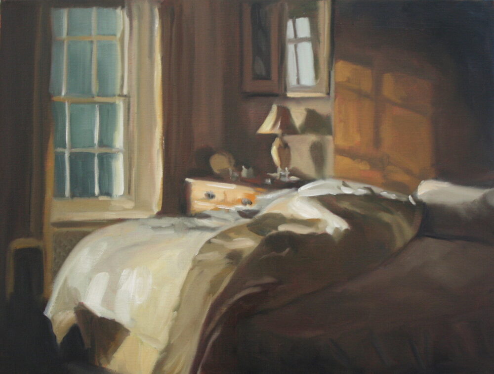 Oil painting of a sunlit bedroom interior, by Iain Vellacott