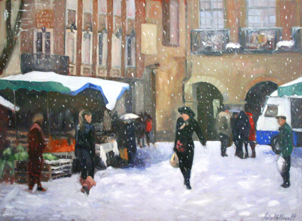Oil painting of a French market square under winter snow, by Iain Vellacott