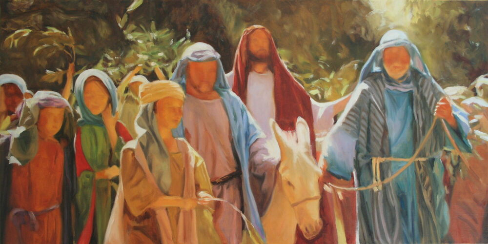 Oil painting of a Nativity procession, by Iain Vellacott