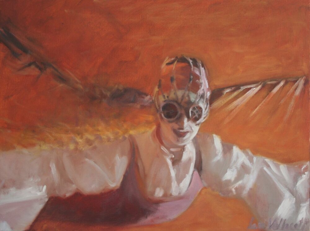 Oil painting of a masked figure at a Venetian carnival, by Iain Vellacott
