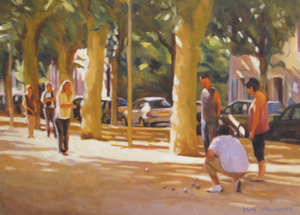 Oil painting of people gathered under the plane trees to play boules, by Iain Vellacott