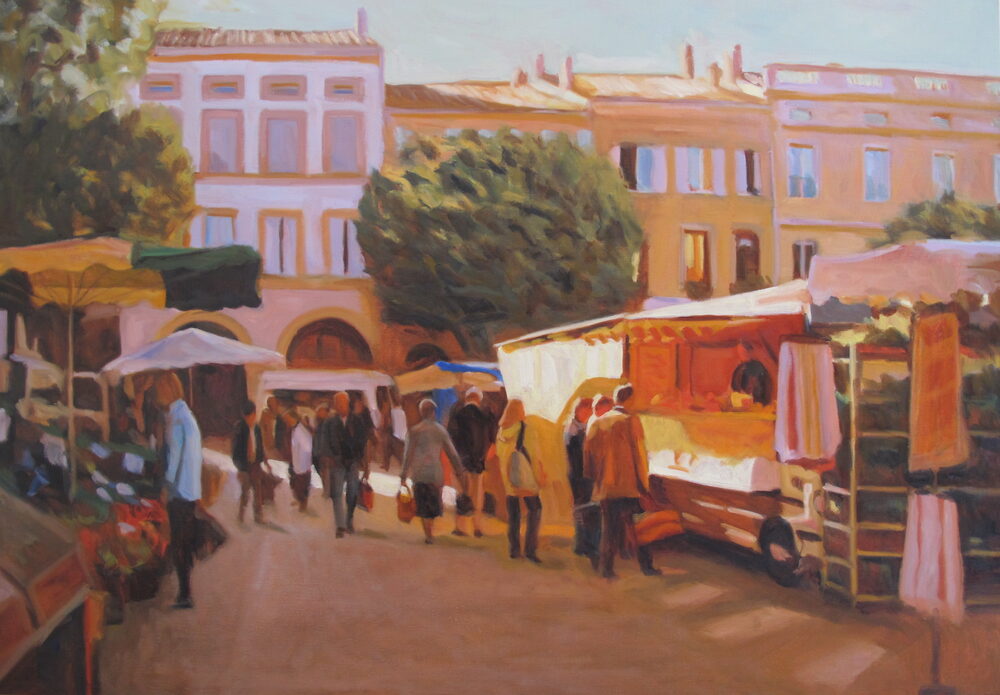 Oil painting of stalls at a French street market, by Iain Vellacott