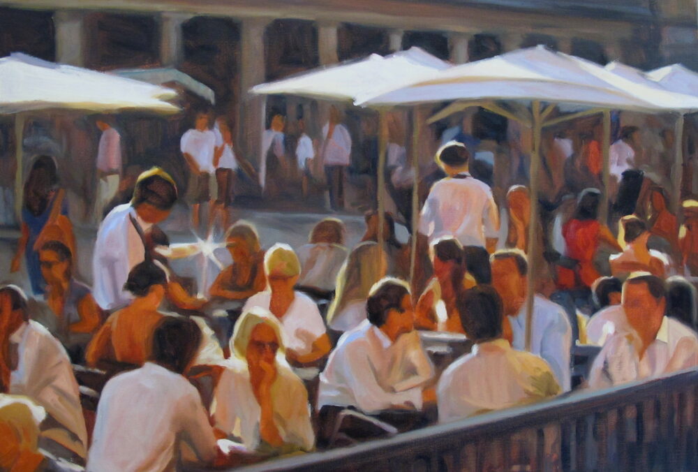 Oil painting of a crowded French café terrace with white parasols, by Iain Vellacott
