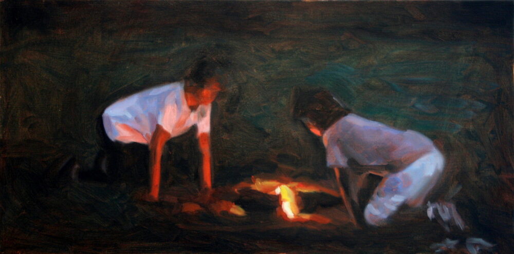 Oil painting of two figures by a fire at night, by Iain Vellacott