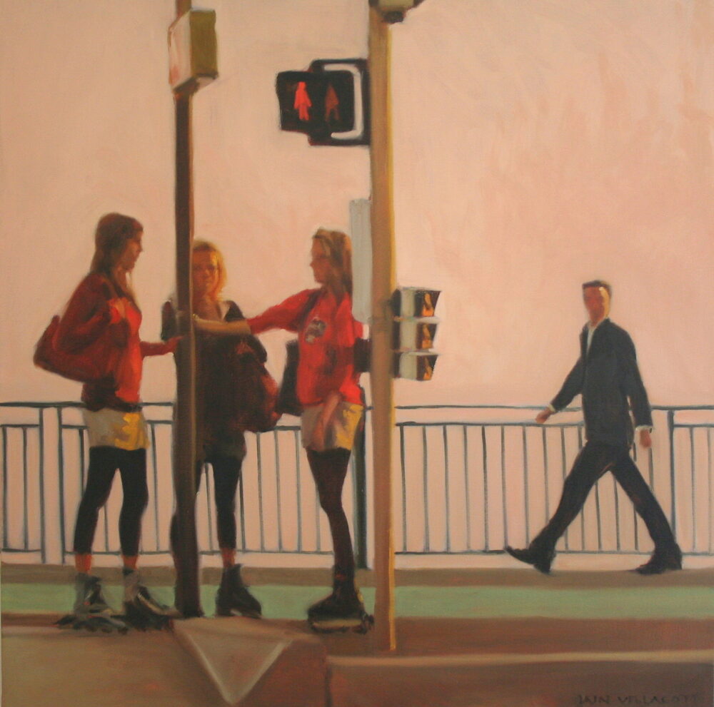 Oil painting of young people at a street crossing, by Iain Vellacott