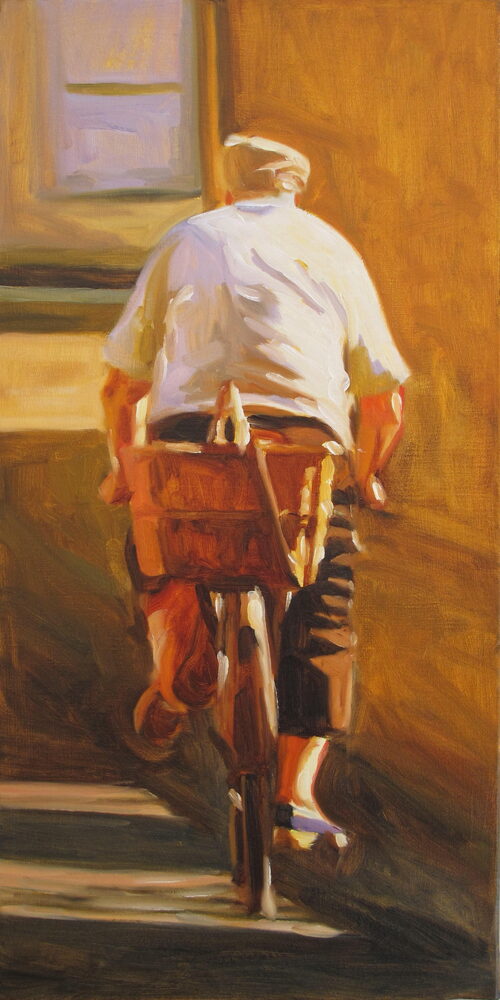 Oil painting of a cyclist in a sunlit French street, by Iain Vellacott