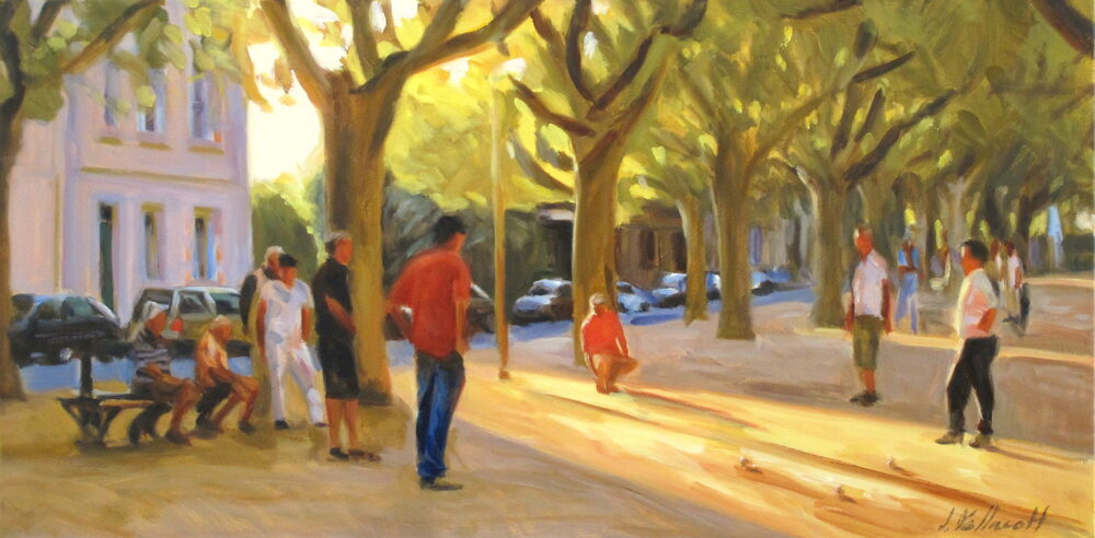 Oil painting of people on a plane-tree promenade in France, by Iain Vellacott